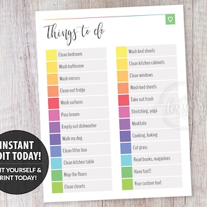 Editable To Do List Daily Weekly Planner, Multicolor Rainbow, Kids Teens Adults Chores, Printable Template, Personalized Instant DIY Corjl