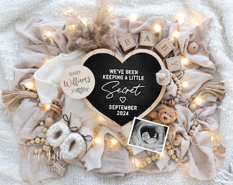 Digital Boho Pregnancy Announcement Digital For Social Media, Gender Neutral Baby, Editable Template Keeping a Secret, Little Teddy Bear
