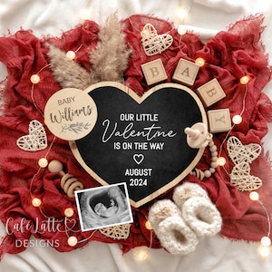 Anuncio digital de embarazo del Día de San Valentín para redes sociales, anuncio de bebé de género neutro, plantilla de bricolaje editable, corazón y luces