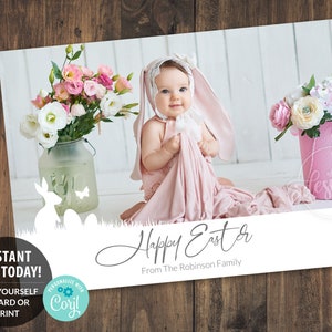 Cartão imprimível editável de foto de família de PÁSCOA, cartão personalizado com sessão de fotos de fotos de família de bebês, feliz, ovos de coelho, 5x7, DIY instantâneo