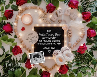 Valentines Day Digital Pregnancy Announcement For Social Media, Boho Baby Editable Template With Heart and Red Roses, DIY Baby Announcement