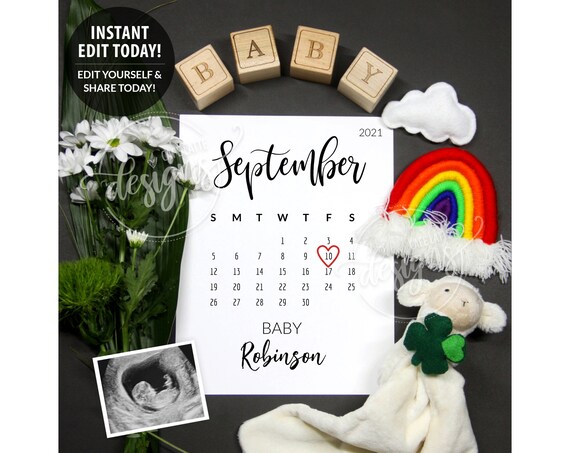 St Patricks Pregnancy Baby Announcement Editable Due Date Calendar, Edit Yourself, Rainbow, March, September, Digital, Social Media, DIY Il_570xn
