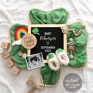 Anúncio de gravidez digital de St Patricks nas redes sociais, anúncio de bebê arco-íris de St Patricks Lucky Charm Letterboard modelo editável faça você mesmo