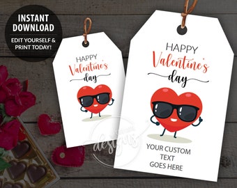 Valentines Day Printable Gift Tags, Heart Emoji Gift Tags Friends Teacher, Editable Personalized Gift Favor Tags Template, Instant Download