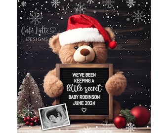 Christmas Pregnancy Announcement For Social Media, Christmas Baby Announcement Digital Editable Letter Board Template, Santa Teddy Bear, DIY