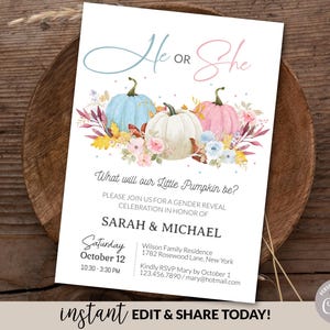 Plantilla editable para invitación de revelación de género de otoño, invitación electrónica para fiesta con calabazas para él o ella, invitación digital rosa y azul para revelación de género de otoño DIY