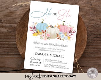 Fall Gender Reveal Invitation Editable Template, He or She Pumpkins E-Invitation Party, Digital Pink Blue Autumn Gender Reveal Invite DIY