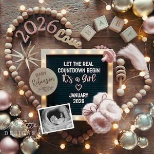 New Years Girl Gender Reveal, New Year&#39;s Its a Girl Pregnancy Baby Announcement Digital, Let The Real Countdown Begin 2026 Editable Template