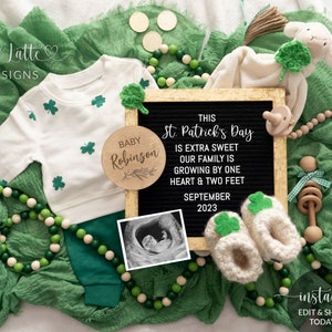 Anuncio de embarazo de San Patricio Redes sociales, Boho Digital St Patricks Anuncio del bebé Plantilla de bricolaje editable Tablero de cartas, tréboles