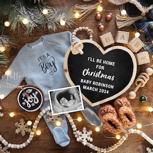 Christmas Boy Pregnancy Announcement Digital, Christmas Boy Baby Announcement Digital Social Media, Home for Christmas, Its a Boy Heart