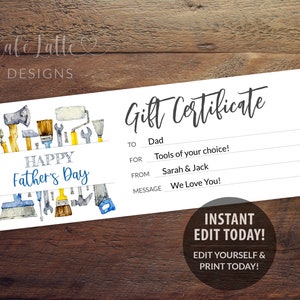 Modèle modifiable de certificat-cadeau d'outils de fête des pères imprimable, coupon-cadeau d'outils de fête des pères pour papa, cadeau de dernière minute instantané bricolage Corjl