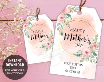 Etiquetas de regalo del Día de las Madres, Plantilla de Etiquetas de Favor del Día de las Madres Personalizadas Editables Imprimibles con Flores de Peonía Rosa, Etiquetas de Descarga Instantánea Mamá