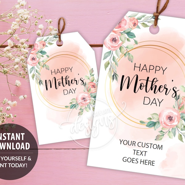 Mothers Day Gift Tags, Printable Editable Personalized Mothers Day Favor Tags Template with Pink Peony Flowers, Instant Download Labels Mom