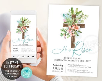 May include: An Easter invitation with a watercolor illustration of a wooden cross with pink and green flowers. The text "He is Risen" is written in a blue script font. The invitation includes details for an Easter celebration and egg hunt.