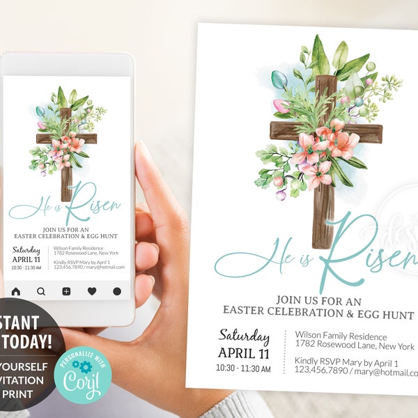 He Is Risen Easter Cross Invitation Editable Printable, Religious Party Invite E-Invitation, Brunch Lunch, Egg Hunt Instant DIY Corjl, 5x7