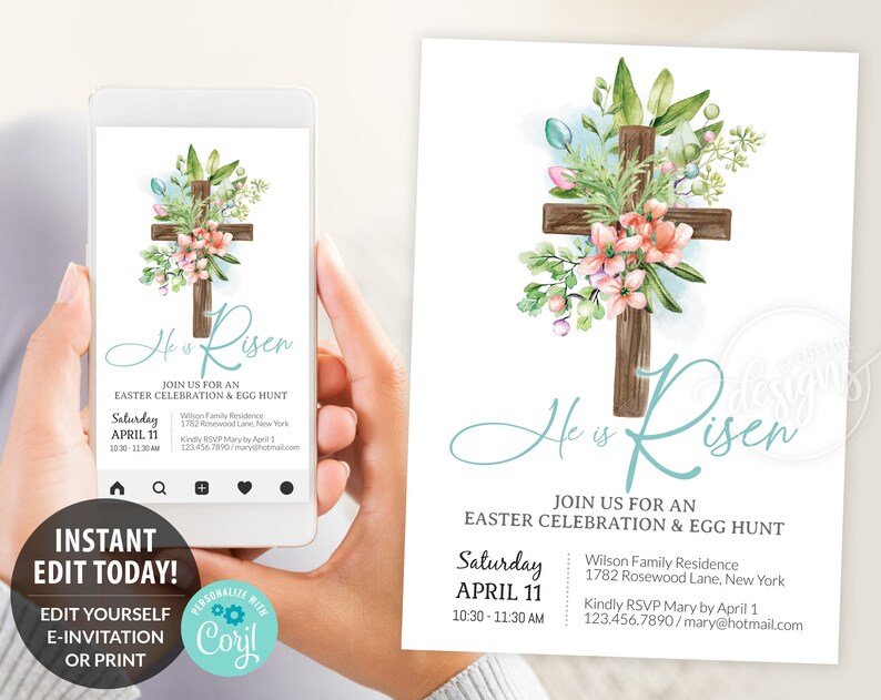 Easter Invitation Template, He Is Risen Religious Digital Easter Invite With Cross, Flowers and Easter Eggs, Easter Egg Hunt Invitation