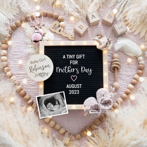 Mothers Day Girl Baby Gender Reveal, Girl Pregnancy Announcement Social Media, A Tiny Gift Letter Board, Boho Heart Pampas Digital Template