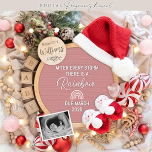 Anuncio de género de niña arcoíris de Navidad, anuncio de embarazo digital, anuncio de niña arcoíris para redes sociales, plantilla editable de Papá Noel
