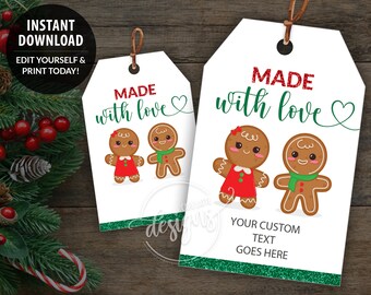 CHRISTMAS Printable Gift Tags, Made With Love, Editable Personalized Favor Tags Template, Gingerbread Cookies, Instant Download Labels Kids