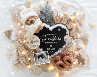 Anuncio de embarazo digital de invierno, Anuncio de bebé digital, Plantilla editable de anuncio de bebé estilo boho neutro, Bebé con copo de nieve