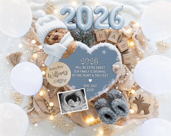 May include: A baby announcement with a teddy bear wearing a hat and scarf, surrounded by balloons and wooden blocks spelling "BABY". The announcement includes the text "2026" and "Baby Boy Williams", with an ultrasound image and baby booties.