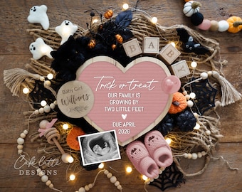 Halloween Girl Pregnancy Announcement Digital, Halloween Baby Girl Gender Reveal Editable Template for Social Media, Trick or Treat Pumpkins