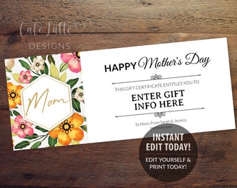 Mothers Day Gift Certificate Editable Digital Template, Printable Personalized Custom MOM Gift Coupon Card For Mother, Gift Idea Instant DIY