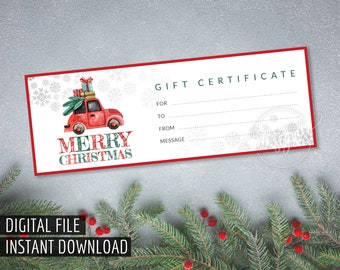 CHRISTMAS GIFT Certificate, Printable Gift Certificate Car Christmas Tree, Gift Coupon, Instant Download, Xmas Gift Idea Holiday Gift Card