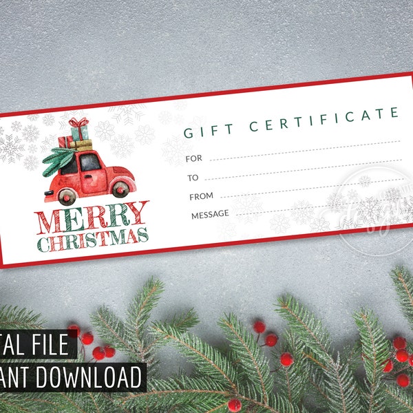 CHRISTMAS GIFT Certificate, Printable Gift Certificate Car Christmas Tree, Gift Coupon, Instant Download, Xmas Gift Idea Holiday Gift Card