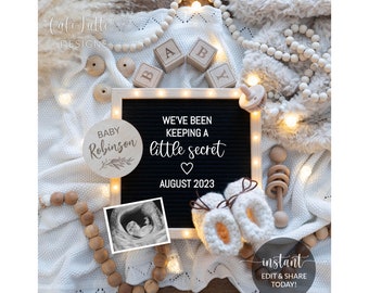 Digital Boho Pregnancy Announcement Social Media, Gender Neutral Beads and Blankets Letter Board Reveal, Editable Template, Rustic Baby, DIY
