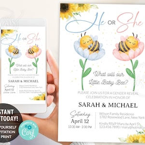 Bee Gender reveal invitation, Baby bees boy girl gender reveal invite editable template DIY, He or She, Boy or Girl, Pink or blue spring Summer baby bee reveal, printable invitation, email, gender reveal text message invite, Sunflowers gender reveal invitation