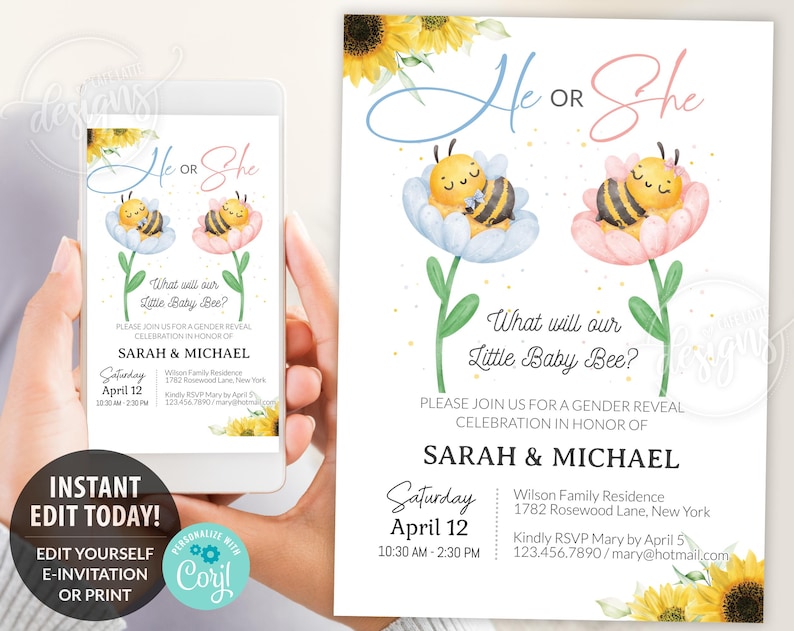 Bee Gender reveal invitation, Baby bees boy girl gender reveal invite editable template DIY, He or She, Boy or Girl, Pink or blue spring Summer baby bee reveal, printable invitation, email, gender reveal text message invite, Sunflowers gender reveal invitation