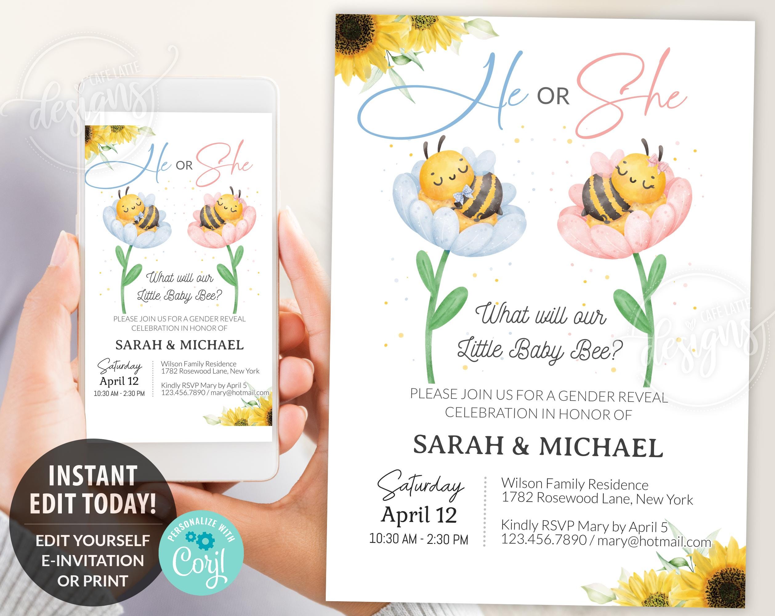 Gender Reveal Invitation Editable Template, He or She Baby Bee E ...