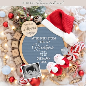 Anuncio de género de bebé niño con arcoíris navideño, anuncio de embarazo digital, anuncio de bebé niño con arcoíris en redes sociales, plantilla editable de Papá Noel