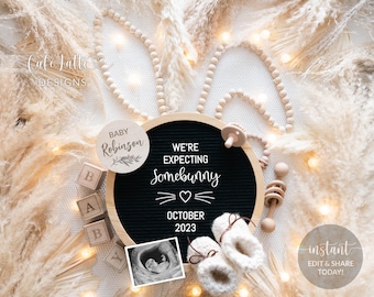 Easter Pregnancy Announcement Social Media, Expecting Somebunny Boho Digital Gender Neutral Baby, Editable DIY Circle Template, Bunny Ears