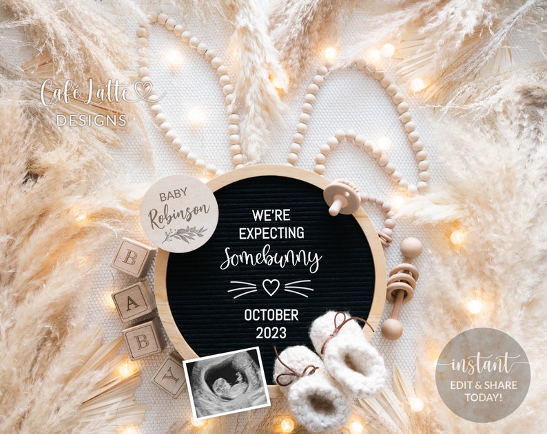 Easter Pregnancy Announcement Digital Boho Reveal For Social Media, Expecting Somebunny Circle Letter Board, Boho Pampas Bunny Ears Baby Announcement Digital Editable Template