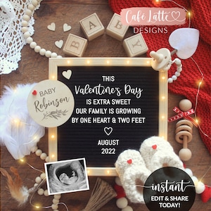 Anuncio de embarazo del Día de San Valentín editable para las redes sociales, plantilla digital de tablero de letras que crece con un corazón y dos pies, Corjl DIY