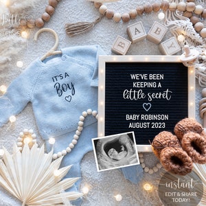 Digital Boy Boho Gender Reveal Social Media, Es un niño anuncio de embarazo bebé tablero de letras editables cuentas de madera, manteniendo un secreto, bricolaje
