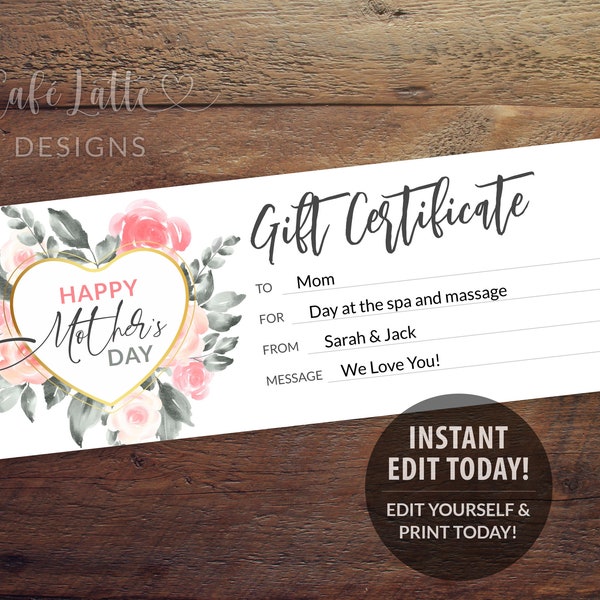 Mothers Day Gift Certificate Editable Template, Personalized Spa Massage Gift Mom Coupon Flowers Heart, Instant DIY Last Minute Printable