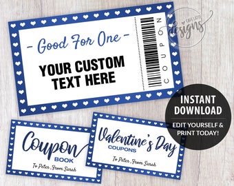 Coupon Template, Valentines Day Editable Coupons, Gifts for Kids Teens Custom Personalized, Birthday Coupon Book, Printable Instant Download