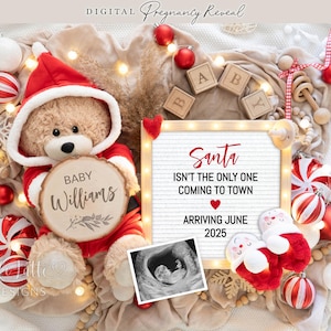 Anuncio de embarazo navideño digital, anuncio de bebé de Papá Noel en redes sociales digitales, plantilla editable de osito de Papá Noel para Navidad