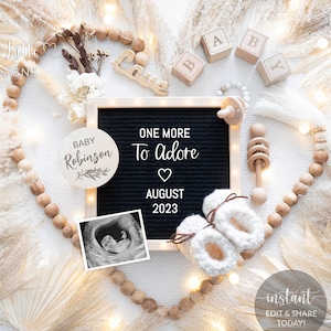 Neutral Pregnancy Announcement Digital Reveal For Social Media, Baby Announcement Digital Image With Letter Board and Heart Shape Wood Beads, One More To Adore