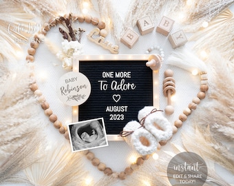 Digital Pregnancy Announcement For Social Media, One More To Adore Gender Neutral Baby, Editable DIY Template, Valentine Heart Wood Beads