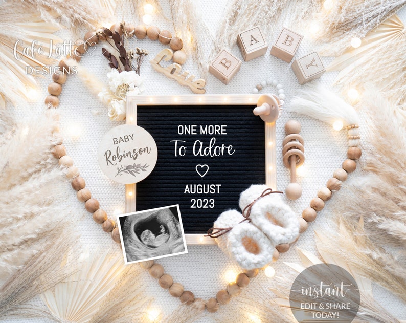 Neutral Pregnancy Announcement Digital Reveal For Social Media, Baby Announcement Digital Image With Letter Board and Heart Shape Wood Beads, One More To Adore