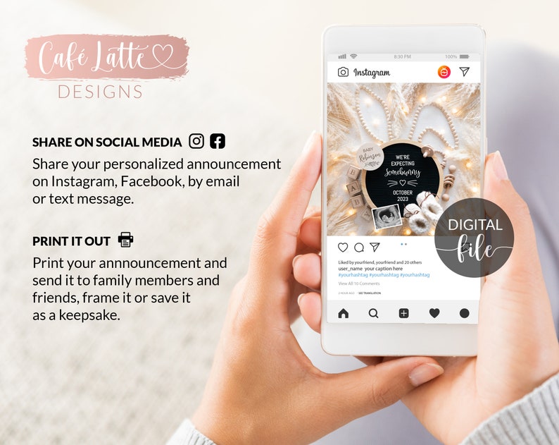 May include: A digital file of a pregnancy announcement on a phone screen. The announcement features a chalkboard with the text "We're expecting somebody" and a due date of October 2023. The announcement is decorated with a bunny rabbit, a baby rattle, and a string of lights.