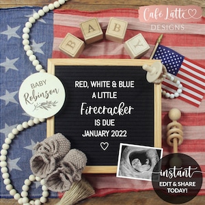 Anuncio de embarazo editable en las redes sociales, bebé del 4 de julio, tablero de letras de petardo pequeño rojo, blanco y azul, bricolaje imprimible digital