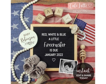 Editable Pregnancy Announcement Social Media, Fourth of July Baby, Red White and Blue Little Firecracker Letter Board, Digital Printable DIY