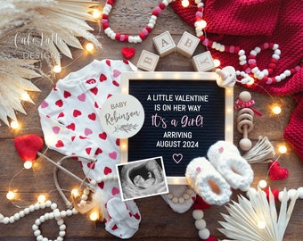 Digital Girl Valentines Day Gender Reveal, Its a Girl Pregnancy Announcement For Social Media, Boho Baby Editable Template Letter Board, DIY