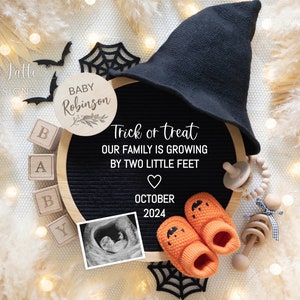 Anuncio de embarazo de Halloween para redes sociales, anuncio de bebé digital de Halloween, tablero de cartas de truco o trato, plantilla editable DIY