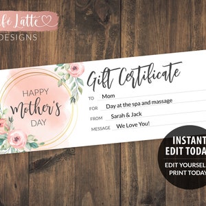 Certificat-cadeau de la fête des mères Modèle modifiable imprimable, Coupon cadeau personnalisé de spa Maman, Corjl de bricolage instantané, Cadeau de dernière minute, Salon de coiffure